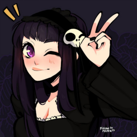 image of a girl in a black outfit you only see her from the chest up, she's winking and holding up a peace sign. her clothes have frills by her chest and she wears a black frilly heaadband with a skull on the side.