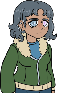 femme looking person with grey hair, heterochromic eyes that look faded, a green coat with fur around the neck, light brown complexion and two earings in one ear with a stud through the top of their ear. they have  a neutral expression.