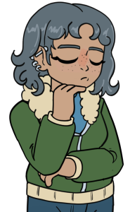 femme looking person with grey hair, heterochromic eyes that look faded, a green coat with fur around the neck, light brown complexion and two earings in one ear with a stud through the top of their ear. they have closed eyes and put one hand on their chin while resting on their other hand