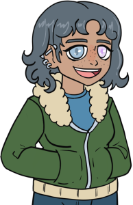 femme looking person with grey hair, heterochromic eyes that look faded, a green coat with fur around the neck, light brown complexion and two earings in one ear with a stud through the top of their ear. they are smiling and have their hands in the pockets of their coat.